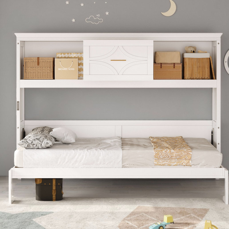 Lit mural pliable en bois massif avec tiroir de rangement, lit escamotable simple avec station de charge et ports USB, Blanc
