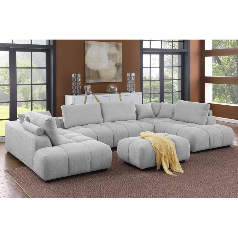 Kreindy 143" Wide 4 Piece Upholstered Chenille U-Sectional Double Chaise , Fluffy Deep Tufted Cushion, Light Gray Chenille