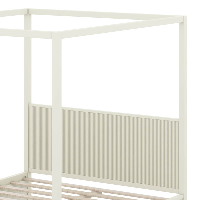 Wooden Canopy Platform Bed Frame with Timeless Fluted Panels and Thick Support Slats, Queen, Beige