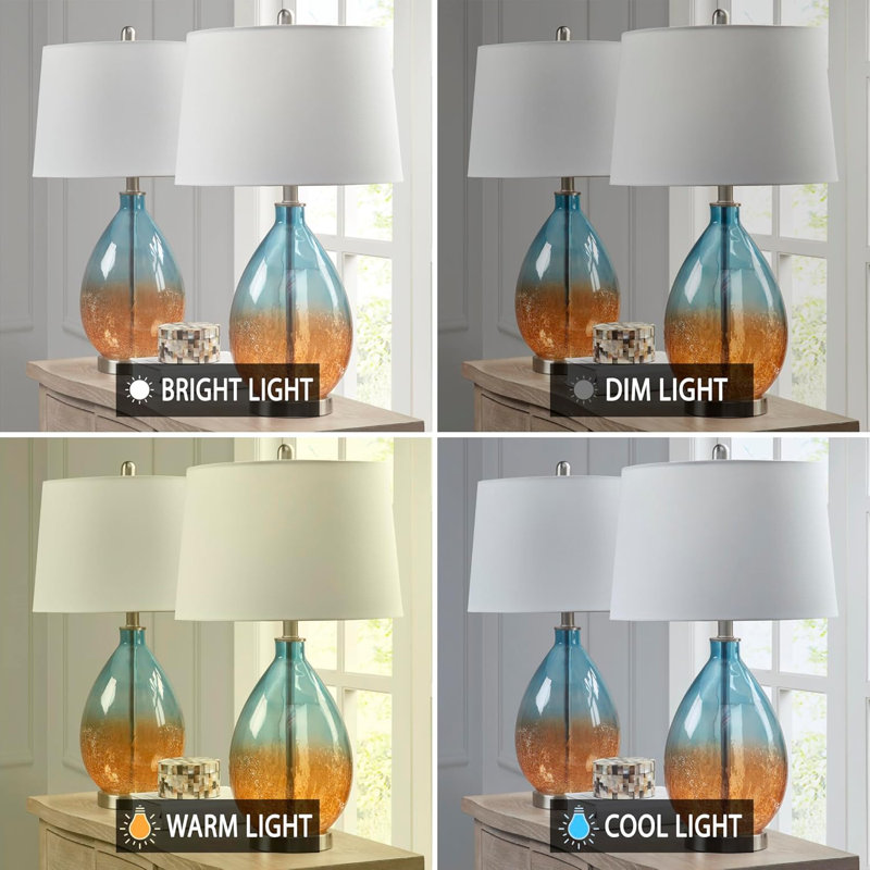 Set Of 2 Modern Table Lamps With Ombre Crackled Glass Base, Tapered Drum Shade, And Rotary On/Off Switch, Perfect For Bedside Or Study Lighting
