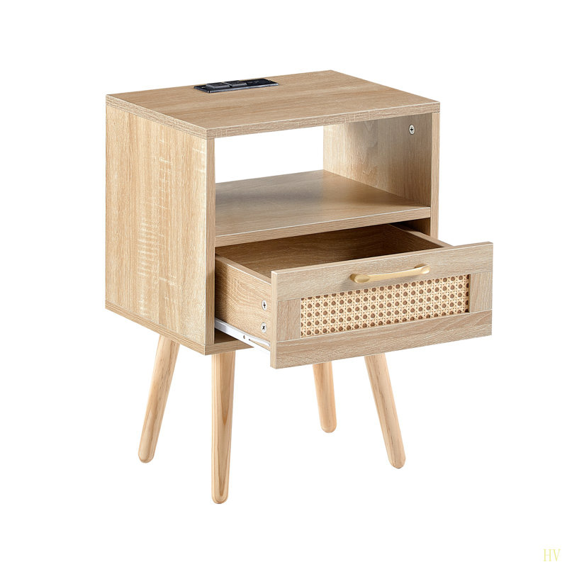 15.75" Rattan End Table With Power Outlet  & USB Ports , Modern Nightstand With Drawer And Solid Wood Legs, Side Table For Living Room, Bedroom