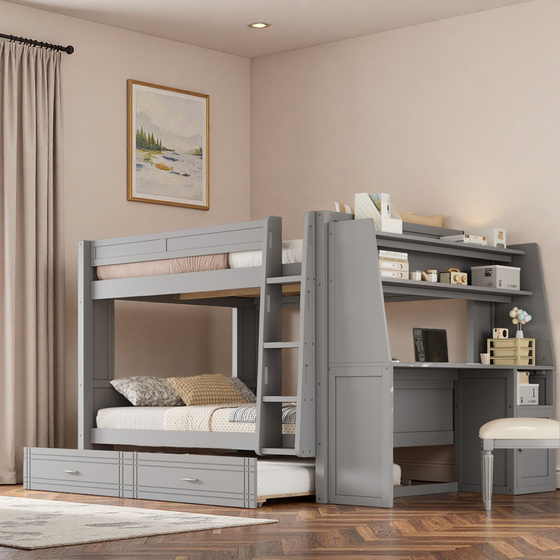 Lit superposé multifonctionnel avec bureau, étagères et lit gigogne, gris