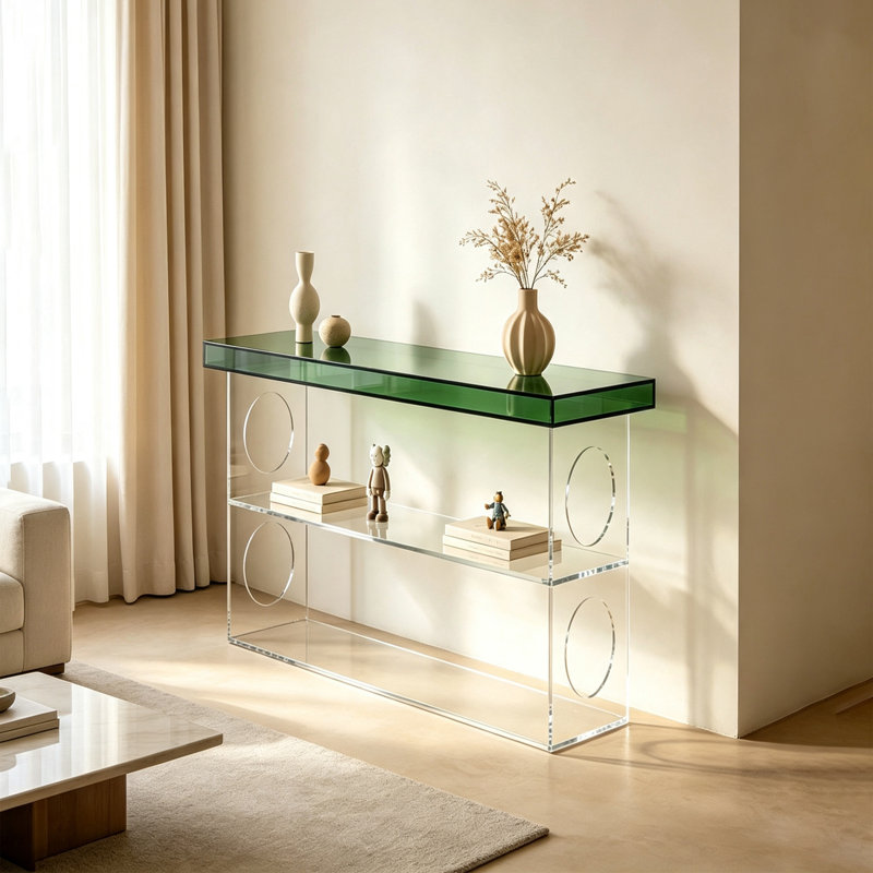 Console moderne à tablette ouverte en acrylique, H 29,53 po x l 39,37 po x P 11,81 po