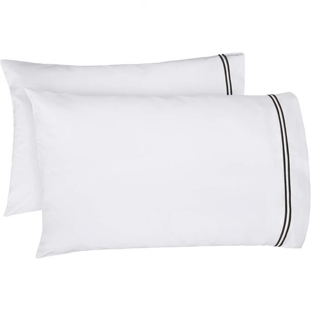 400TC Double Embroidery Cotton Sateen Pillowcases (Set Of 2), White/Black