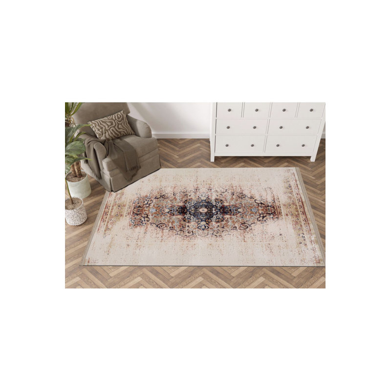 Tapis décoratif traditionnel rétro traditionnel lavable à la machine, Rectangle 3 pi 11 po x 5 pi 11 po