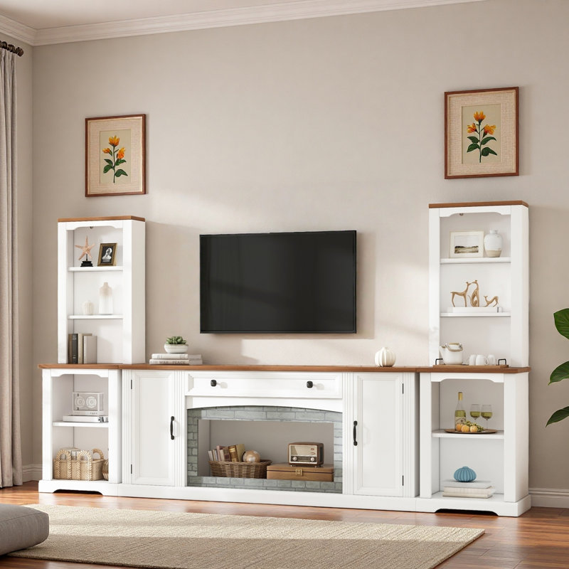 Meuble audio-vidéo 3 pièces avec 1 meuble télé et 2 bibliothèques, Blanc