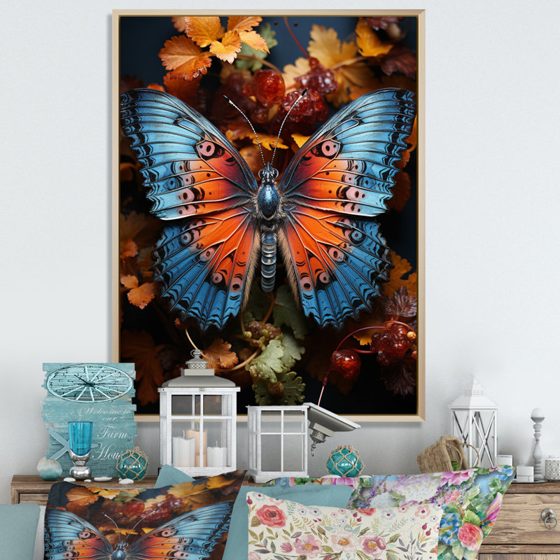 «Orange Turquoise Animal Butterfly», reproduction sur toile, 32" H x 24" W, Cadre naturel flottant