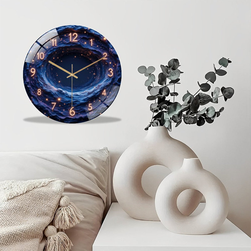 Horloge murale silencieuse en verre trempé de 30 cm, « Thème Galaxie », sans tic-tac, fonctionne avec des piles AA (non incluses), décoration artistique pour la maison