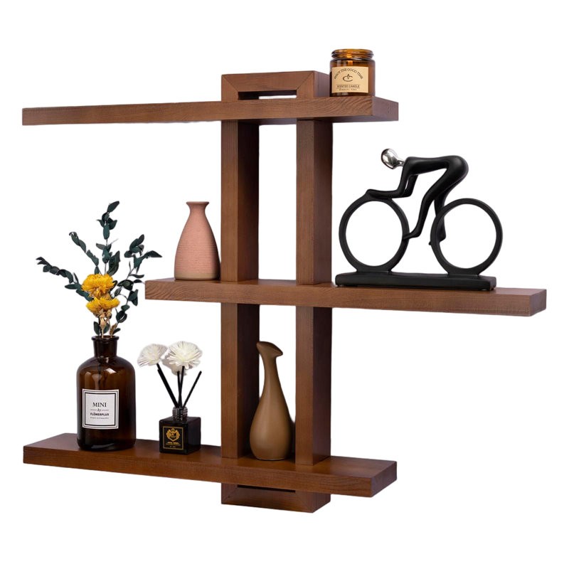Ensemble de 3 tablettes flottantes variables en bois, noyer clair, Noyer clair