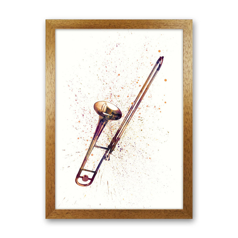 Trombone Watercolour by Michael Tompsett - Print, 88cm H x 64cm W x 3cm D, Brown Framed