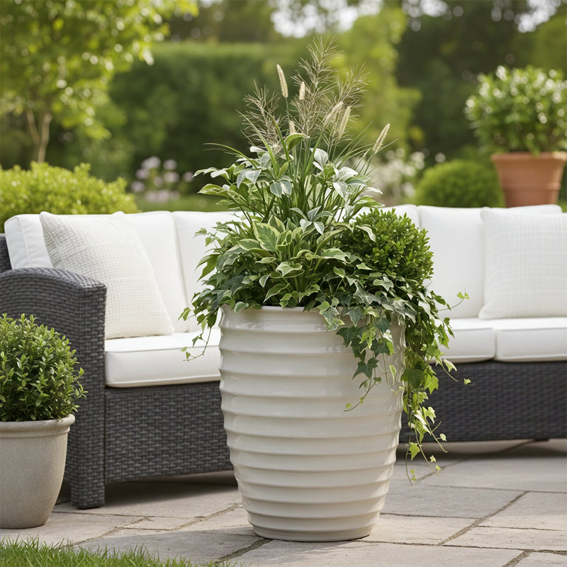 Pot à fleurs intérieur / extérieur en céramique moderne avec trou de drainage, Blanc