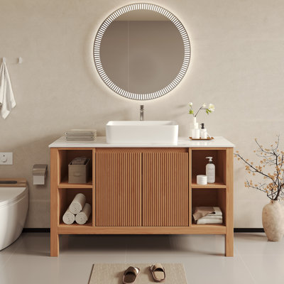 48'' Freestanding Bathroom Vanity with Sink, Wood Bathroom Storage Cabinet with Fluted Doors & Open Shelves, Stone Countertop Vessel Sink for Bathroom
