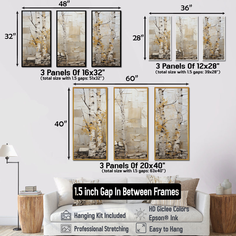 Forêt de bois de bouleau beige et jaune II - arbre, art mural, Cadre flottant noir, H 32 po x l 48 po x P 1 po