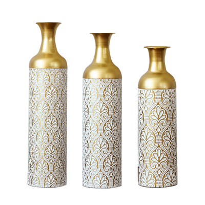 Set of 3 Gold & White Embossed Metal Vases, Decorative Tall Cylinder Flower Vase Set for Table Centerpieces, Mantel, Shelf & Luxury Home Décor
