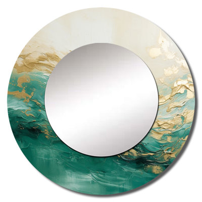 Rovilla Gold And Green Soft Wave Fusion II - Abstract Shapes Unique Mirror, Modern Large Round Wall Mirror, Printed Metal Art