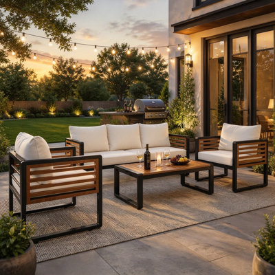 Large Size 4-Pieces Outdoor Furniture Sofa For 5 Person Conversation Set, Garden Sofa Set