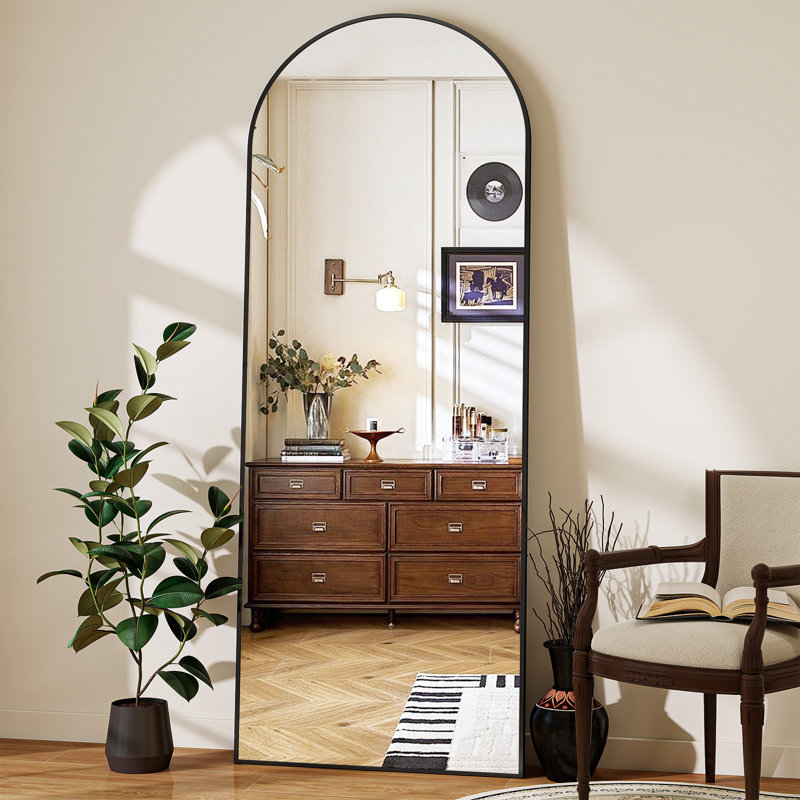Arched Aluminium Framed Freestanding Full Length Mirror Wall Mirror, 162.6cm H x 53.3cm W, Silver