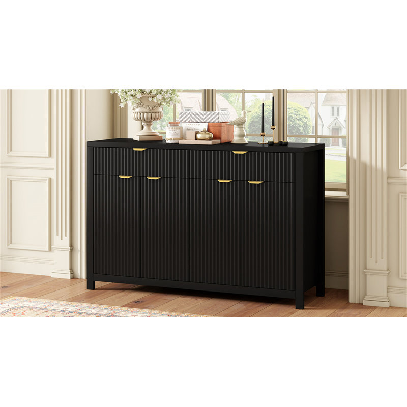 Modern Wave-Pattern Sideboard Cabinet With 2 Drawers And 4 Doors, Black
