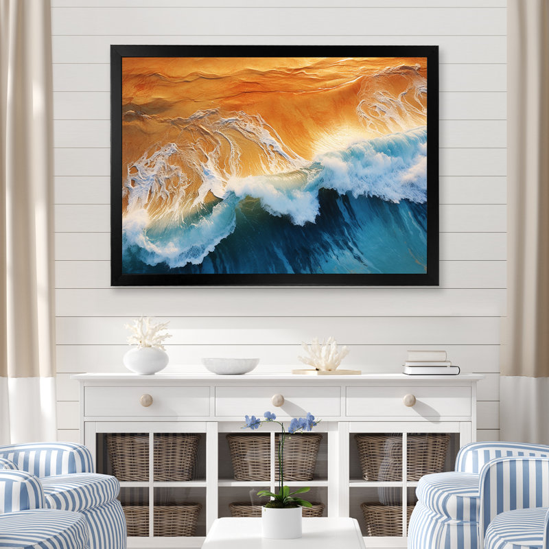 Bleu et orange, vue aérienne de plage rétro IV - art mural plage, Cadre d'angle fermé noir, H 30 po x l 40 po x P 1,5 po