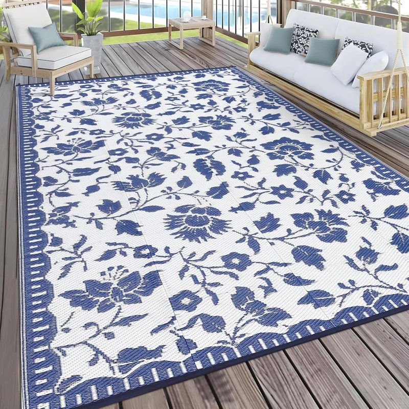 5x8 FT Navy Modern Floral Reversible Outdoor Rug, Waterproof Recyclable Polypropylene Plastic Floor Mat, Easy Clean Foldable Portable Carpet for RV Patio Backyard Deck Picnic Beach Camping