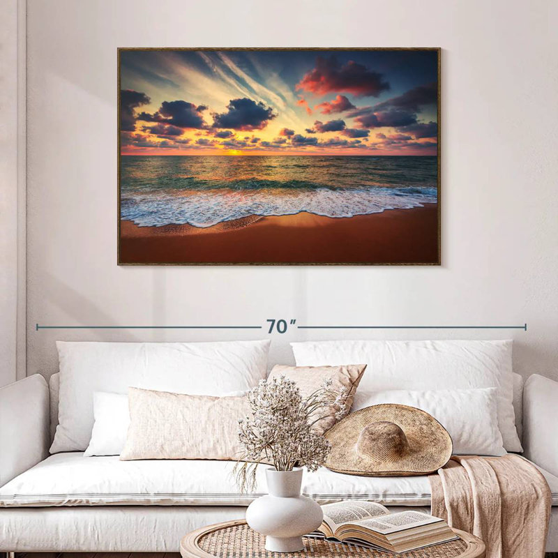 Coucher de soleil d'été, 46 po x 31 po, Cadre flottant noyer