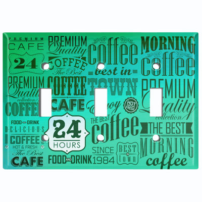 Metal Light Switch Plate Outlet Cover (Coffee Diner Sign Teal White - Triple Toggle)