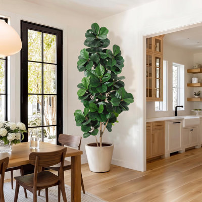 Figuier lyre artificiel réaliste, faux Ficus lyrata, plante d'intérieur - Montage facile, sans entretien - Pot blanc de 210 cm inclus - Fleurs blanches en pierre
