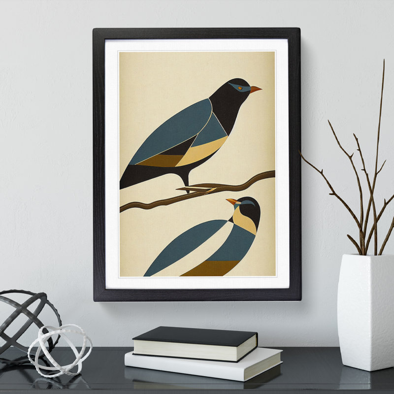 Pair Of Birds No.2 Abstract - Print, White, 66cm H x 48cm W, Black Framed