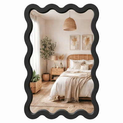 Modern Wavy Solid Wood Framed Wall Mirror for Bedroom, Entryway and Vanity