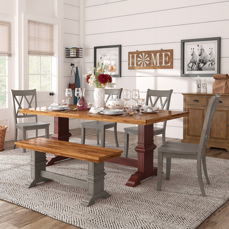 Ensemble de salle à manger Sloan 78 po en bois massif fini chêne avec chaises à dossier en X - 7 pièces, table à base rouge antique, chaises à base gris antique et banc