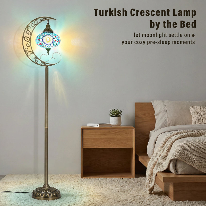 Turkish Mosaic Floor Lamp - 3D Crescent Metalwork, 60-Inch Height, E26 Bulb Included | Safe Polished Glass, Soothing Ambiance For Living Room Bedroom
