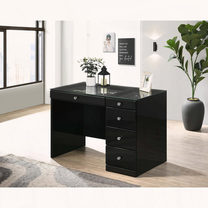 Coiffeuse Glam avec plateau en verre et 5 tiroirs, Noir