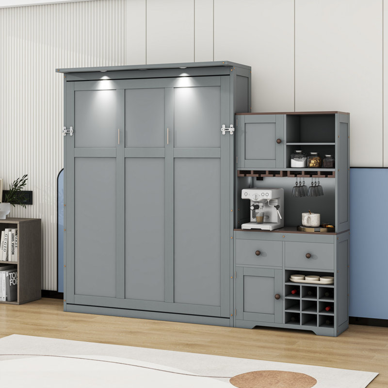 Grand lit escamotable avec support à vin intégré et éclairage intelligent, Gris