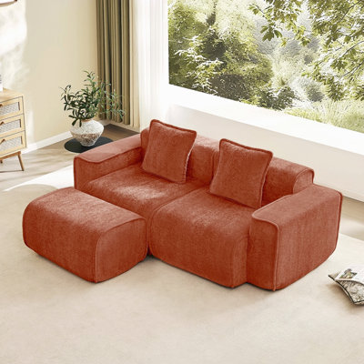 Canapé modulaire en L à 2 places avec passepoil à bordure française, sans assemblage requis, canapé à 2 places avec coussins décoratifs et 1 repose-pieds mobile, tissu de velours