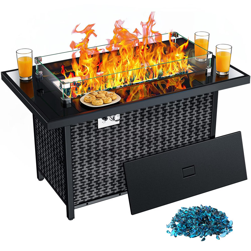 43" Rectangular Propane Fire Pit Table Adjustable Flame, Glass Stones, Wind Guard and Lid 60,000 BTU,CSA-Listed, Adjustable Feet Pad,Ideal for Patio & Garden, Black