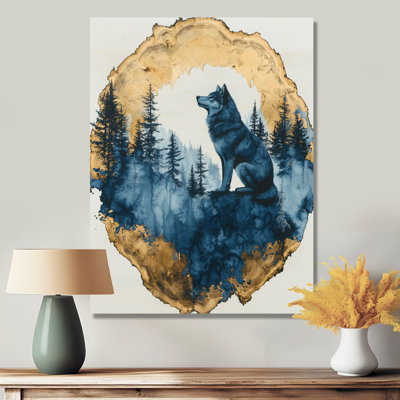 Gradys, loup doré dans un paysage de forêt bleue II - loup, impression d'art mural