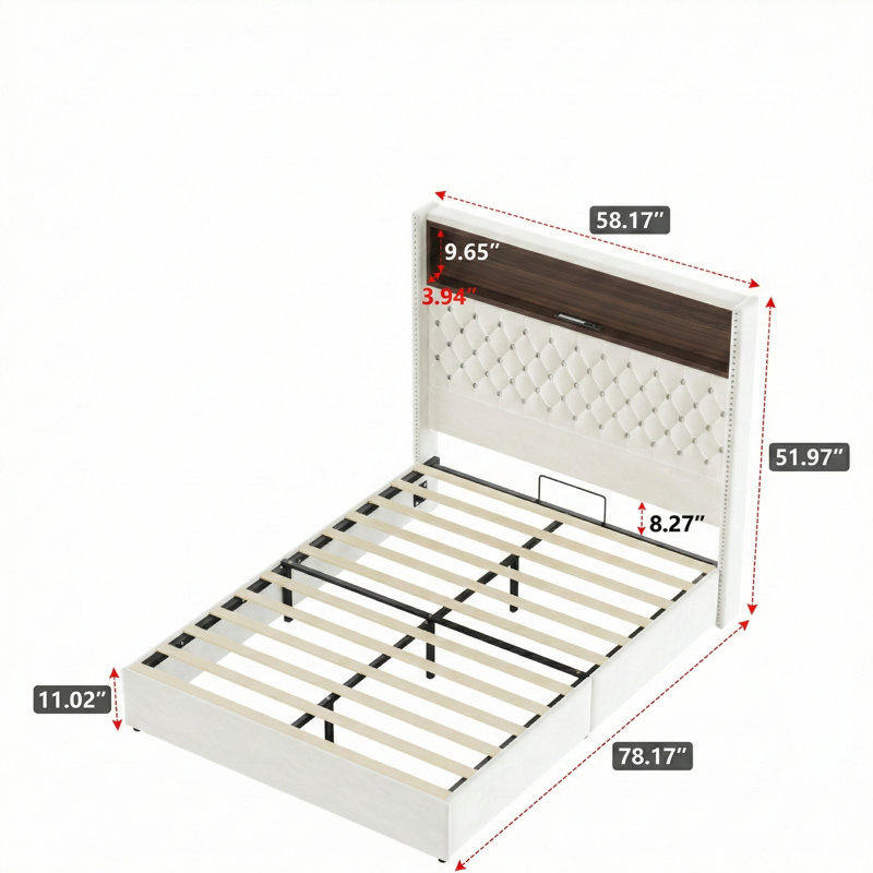 Structure de lit beige capitonnée en velours pleine grandeur avec port USB et veilleuse, tête de lit 52 po avec décoration à rivets, lit plateforme à oreilles avec tablette de tête de lit