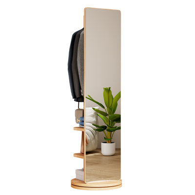 360° Rotating Solid Wood Full-Length Mirror With Hook Storage Shelf