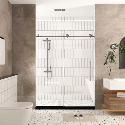 Shower Door 76" H 56 - 60" W 1/4" (6 Mm) Clear Tempered Glass Stainless Steel Handle Brushed Nickel Transmitting Large Wheels And Round Tracks For Easy Quiet Sliding Bottom Water Blocking Strip X