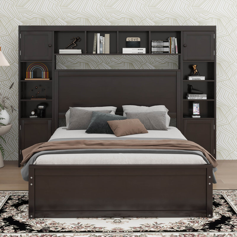 Lit double en bois avec armoire tout-en-un, tablette et prises, lit gigogne simple, Espresso