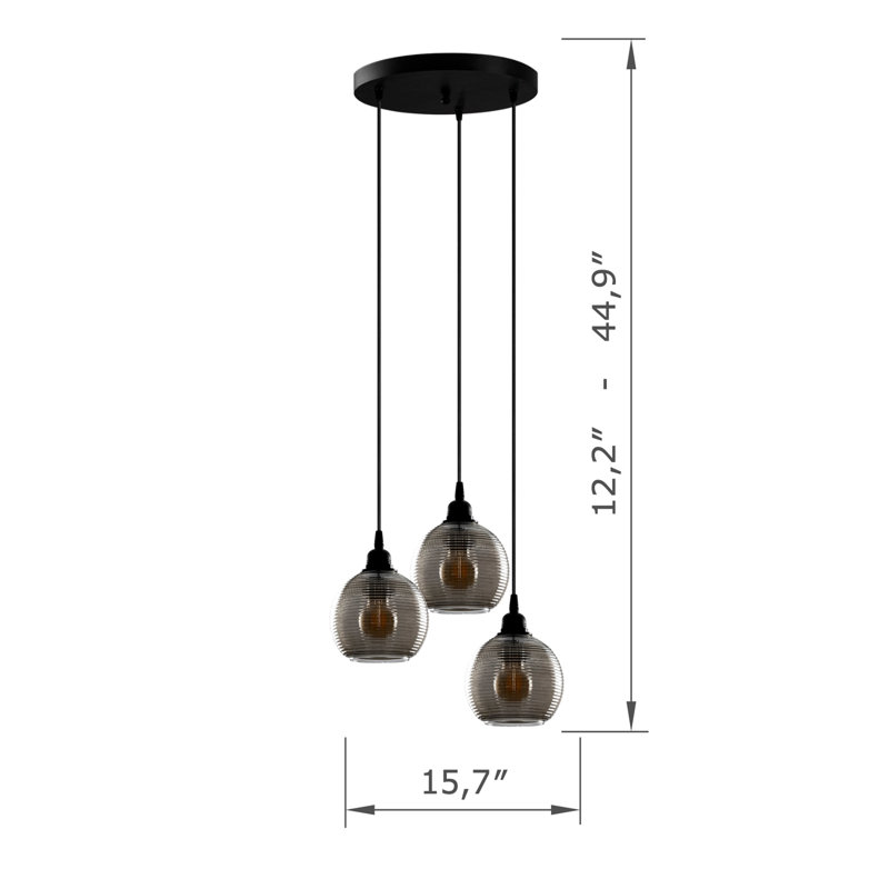 Adjustable Height 3-Lights Metal Body Cluster Pendant With Glass Cap in , 44.9" H x 15.7" W