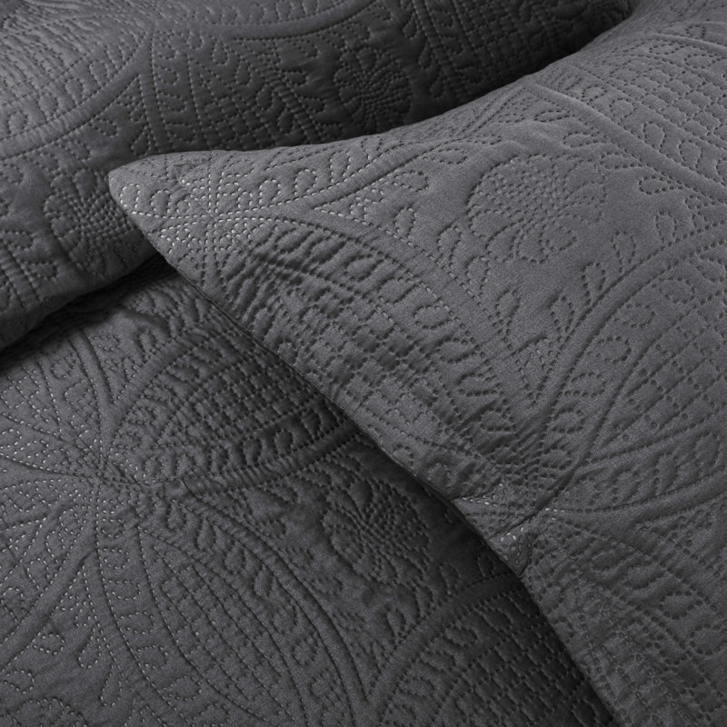 3 Piece Bedspread Set - Reversible Quilt Set - Lightweight Microfiber Coverlet for Queen King Twin, Charcoal