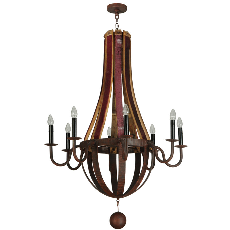 Lustre empire 8 lumières Greco, Fer forgé / bois naturel, H 59 po x l 44 po x P 44 po