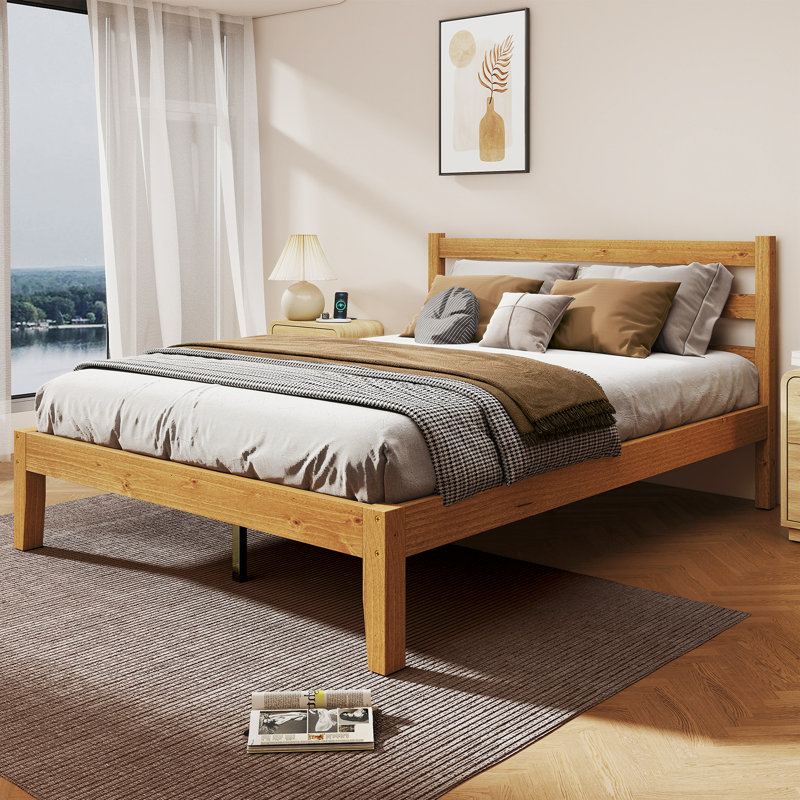 Mid-Century Solid Wood Platform Bed with Headboard, Modern Bed Frame with Quiet & Sturdy Support - No Box Spring Needed