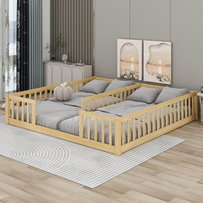 Double Twin Floor Bed With Fence And Guardrails, Natural