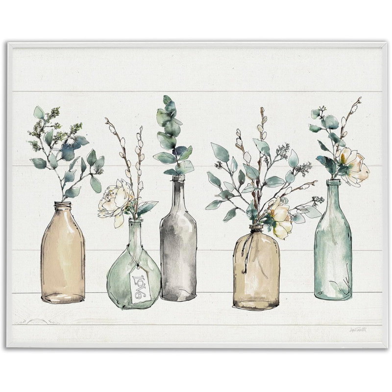 «Bottles And Plants Farm Wood Textured», art mural par Anne Tavoletti, multicolore, encadré blanc, H 30 po x l 24 po