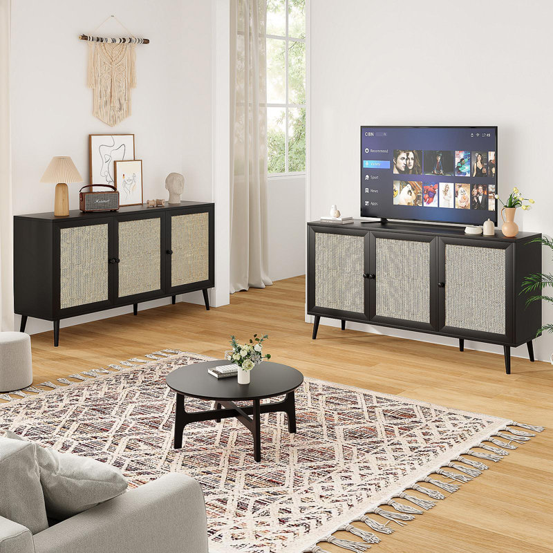 Buffet Buffet avec 3 portes en rotin, armoire de rangement moderne pour le salon (grand, noir), Noir