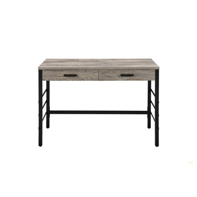 Bureau d'écriture au fini usé clair avec pupitre moderne USB avec plateau en chêne patiné clair et finition noire - 2 tiroirs, base en métal échelle, ports USB et prises