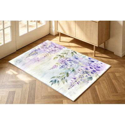 Watercolor Wisteria Washable Area Rug, Floral Botanical Pattern, Velvet Surface, Soft Non‑Slip Floor Carpet, Modern Indoor Home Decor for Living Room, Bedroom, Entryway, Study, Office, Balcony, Apartment