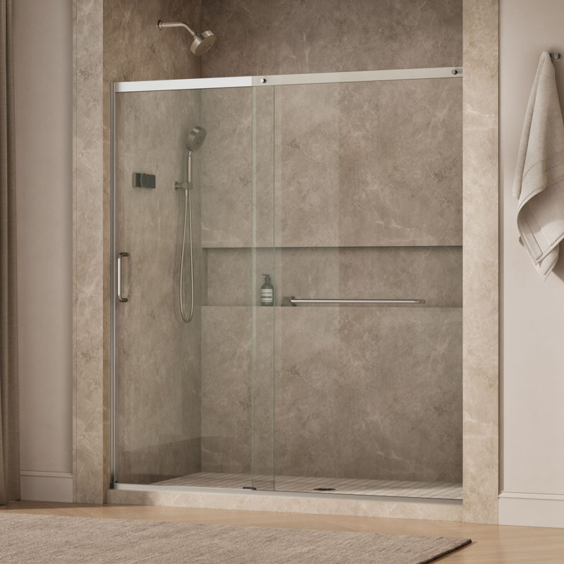 Sliding Shower Door, 75-1/2-In H X 68-1/4 - 71-5/8-In W, With Heavy 5/16-In Thick Crystal Clear Glass, Nickel